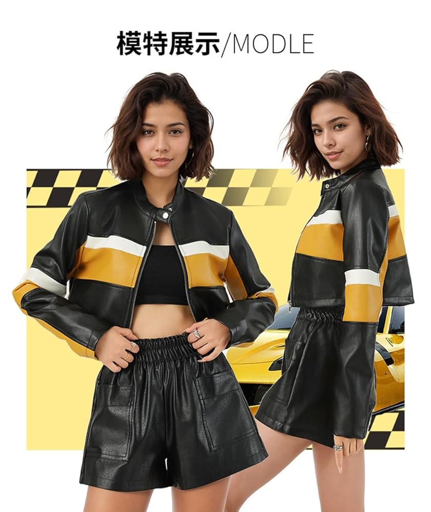 RISCUYY Cropped Bomber Jacket Women Leather Contrast Color
